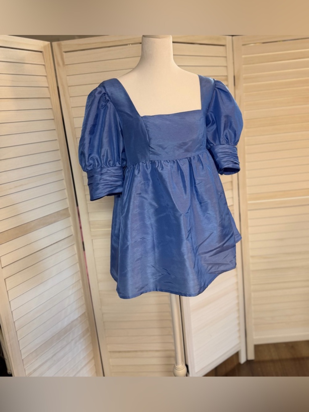 Anthropologie Top Sz XS EUC Blue Square Neck Puff-Sleeve Tunic Blouse